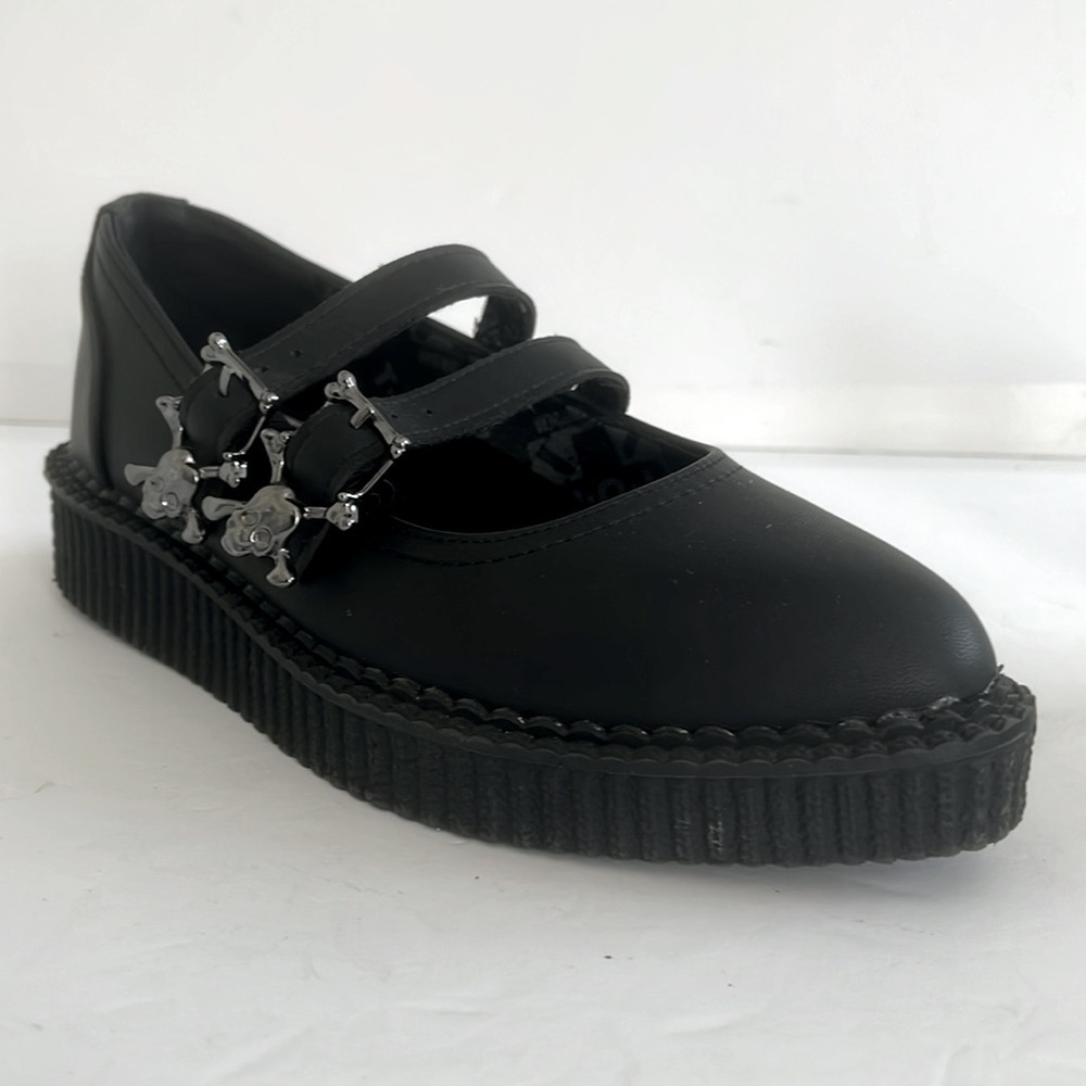 T.U.K Black Mary Jane Creeper Flats with Silver Skull Buckles